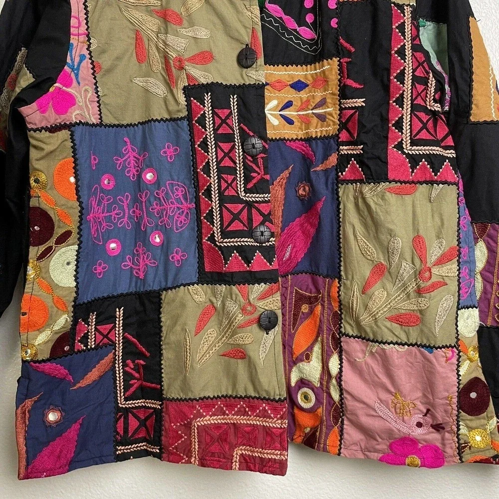 Anu by Natural Floral Jacket Large Womens Black Pink Embroidered Boho Patchwork